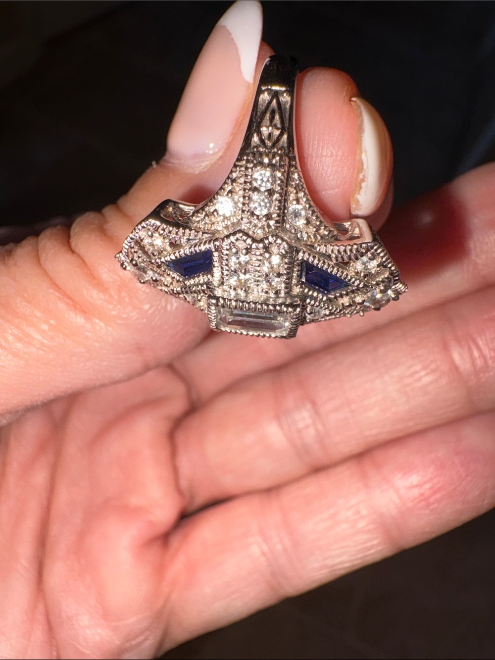 Size 6 Xavier Art Deco Sterling Silver Cocktail Ring with Blue & White CZs - Picture 6 of 7